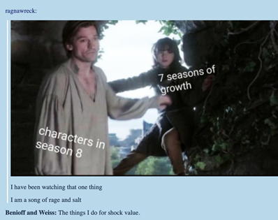 Kuva 2: Jaimen hahmo tönäisee Branin hahmon ulos avonaisesta ikkuna-aukosta. Kuvan päälle on lisätty sarjan hahmonkehitystä kritisoivia kommentteja.