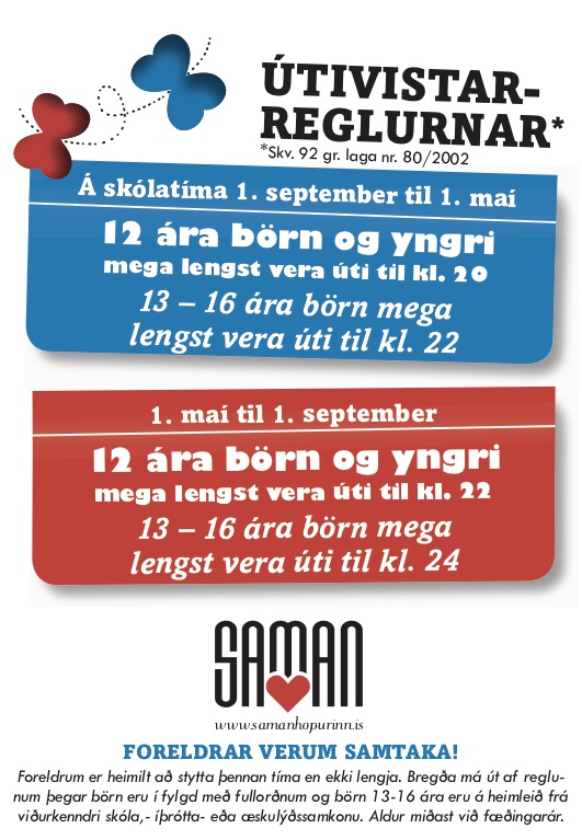 Kuva punaisen ja sinisen värisestä jääkaappimagneetista, jossa on tekstiä islanniksi.