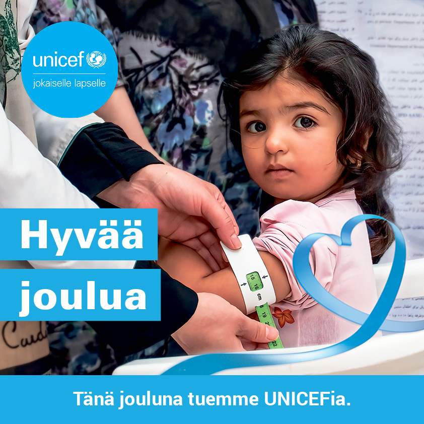 Unicefin banneri: taustalla aikuinen laittaa lapselle laastaria, päällä tekstit Hyvää joulua. Tänä jouluna tuemme UNICEFia.