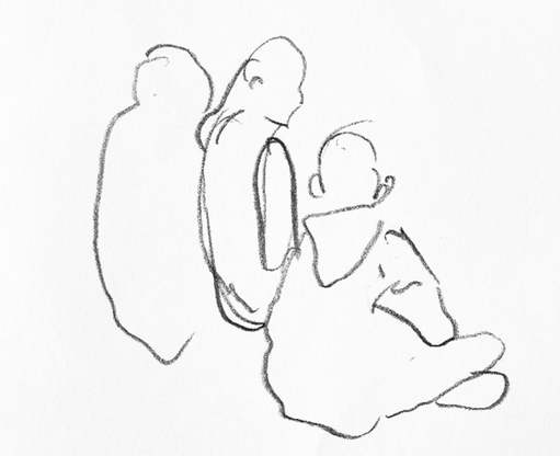 Piirroskuva kolmesta istuvasta ihmishahmosta.