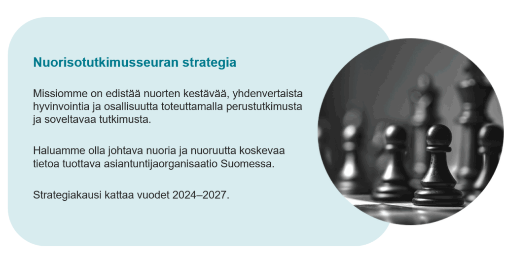 Visualisointi Nuorisotutkimusseuran strategian keskeisistä ulottuvuuksista: missio, tavoite ja toimikausi.