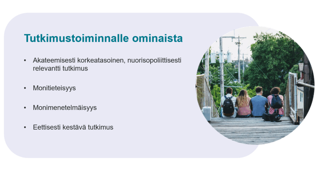 Visualisointi Nuorisotutkimusseuran tutkimustoiminnan periaatteista.